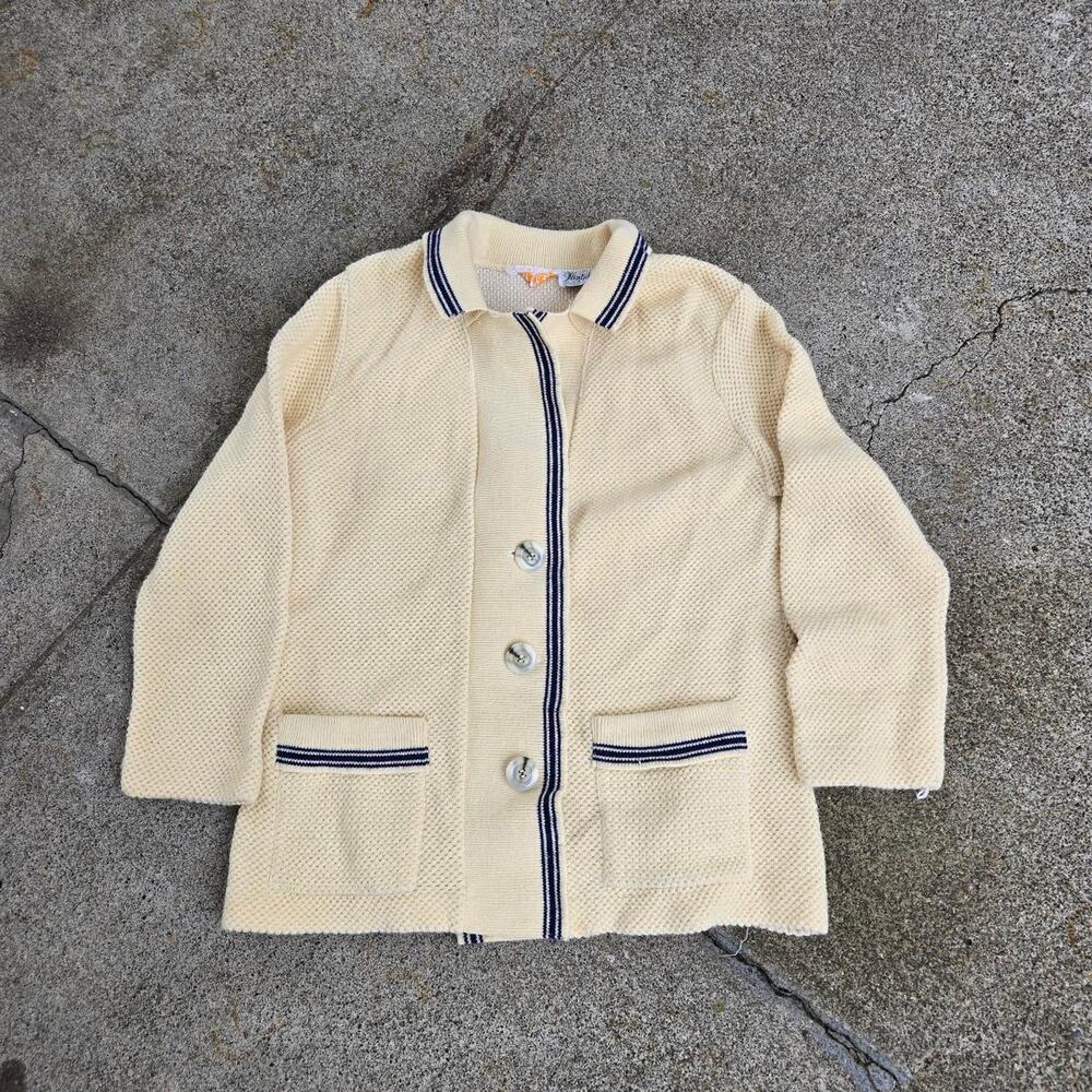 True Vintage WINTUK Plain Earthtone Thin Stripe Acrylic Cardigan Sweater M